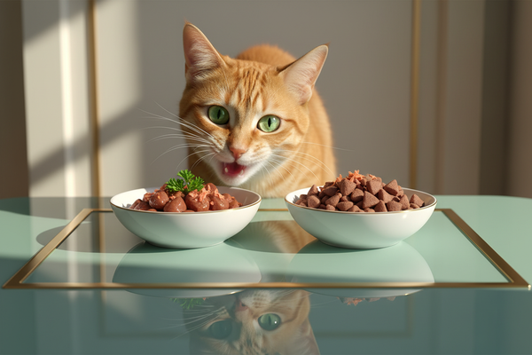 Luxury photorealistic display of a sleek cat enjoying gourmet cat food on a smooth mint-green reflective surface with thin gold border. Include cat food bowls with high-quality kibble or wet food. Cat is expressive, excited, and hyper-realistic. Soft highlights, luxury lighting, sharp shadows. Clean, balanced composition. No blur, noise, text, or watermark.