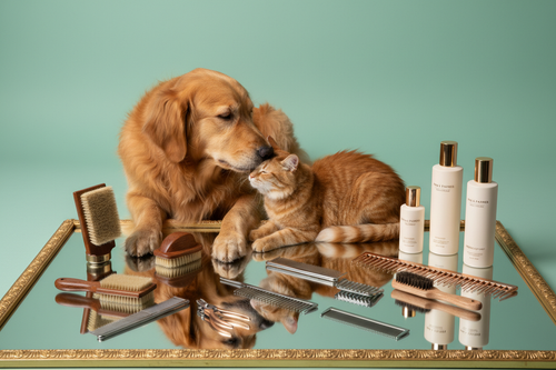 Luxury photorealistic display of pet grooming essentials on mint-green reflective surface with gold border. Include brushes, combs, shampoo bottles, nail clippers — hyper-realistic. Golden retriever and cat interacting naturally. Soft highlights, luxury lighting, sharp shadows. No blur, noise, text, or watermark.