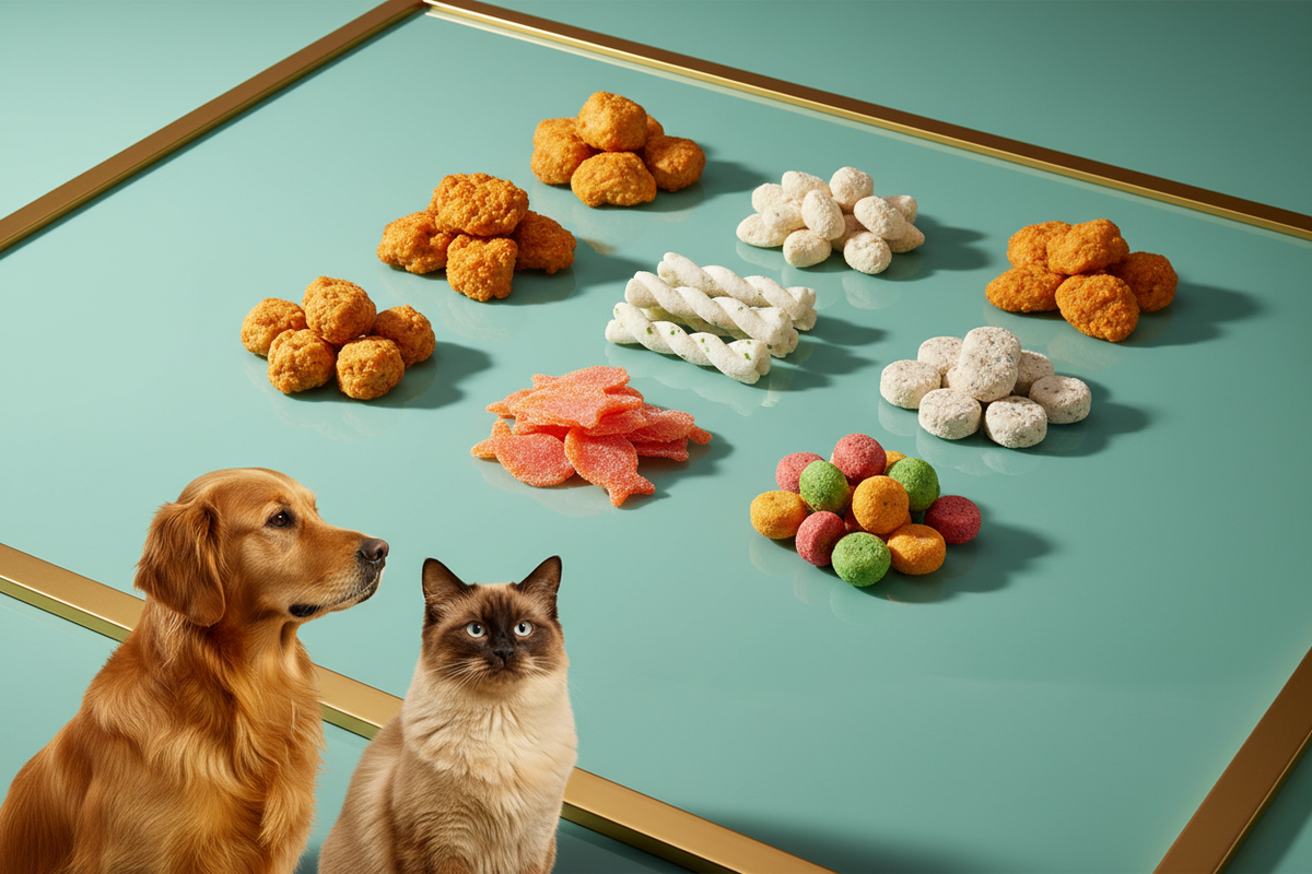 Luxury photorealistic pet treats on mint-green reflective surface with gold border. Chicken bites, dental chews, salmon treats, cat crunchies, probiotic bites. Large clear golden retriever and cat in foreground. Soft highlights, luxury lighting, sharp shadows. No blur, noise, text, or watermark.
